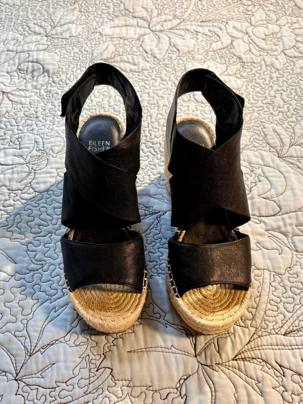 ☀️Eileen Fisher Willow Black Leather Espadrille Wedge Sandals Sz 7.5🧡